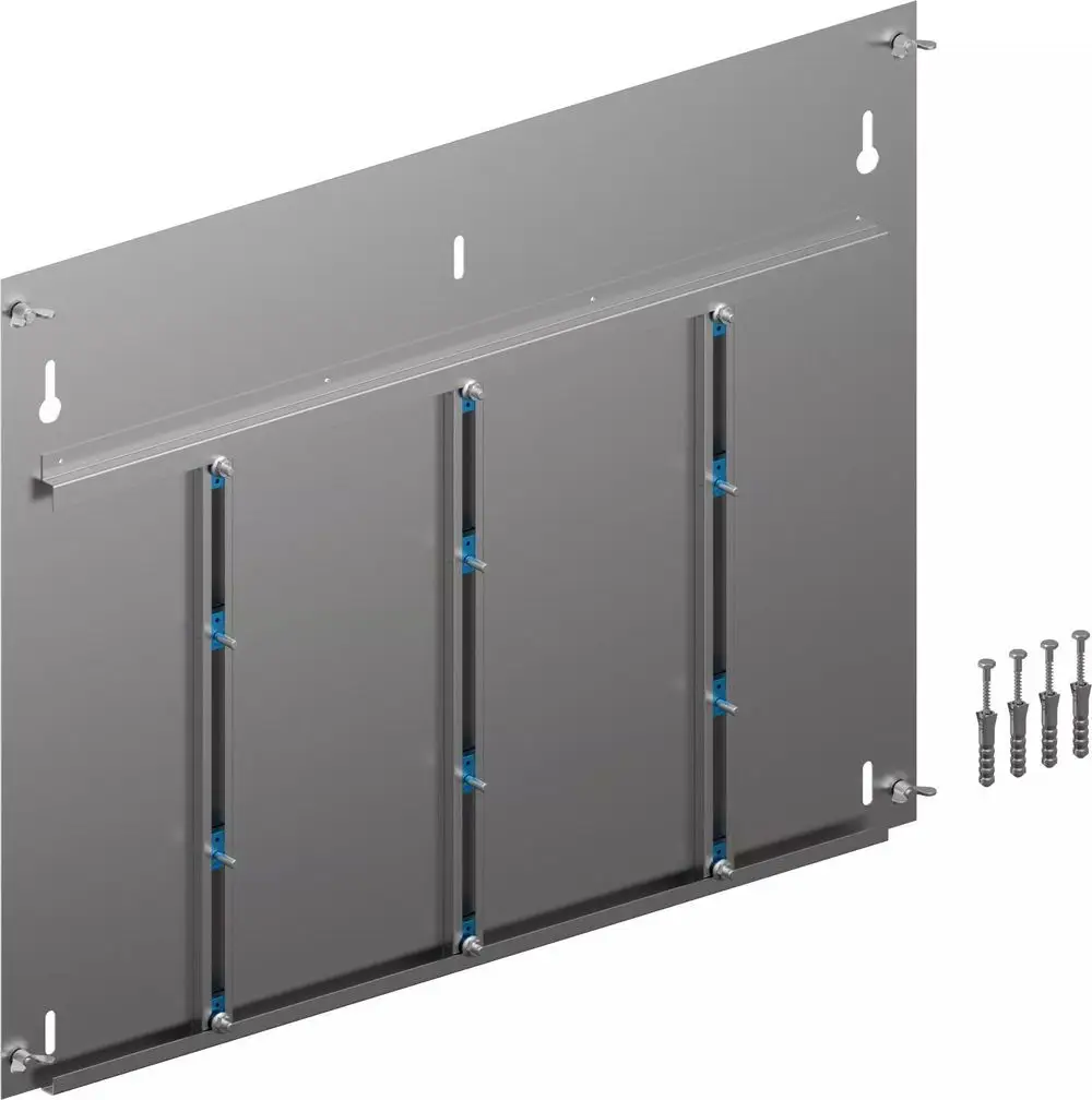 Metallische Rückwand mit Montagevorrichtung, geeignet für den Einbau in Schränke, inklusive Befestigungselementen von Uponor.